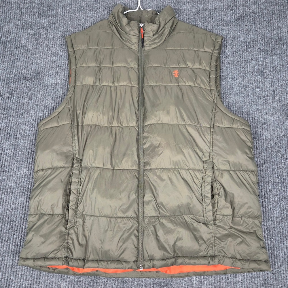 IZOD Mens Puffer Vest Olive Green Orange Lining Full Zip Quilted XL 261137